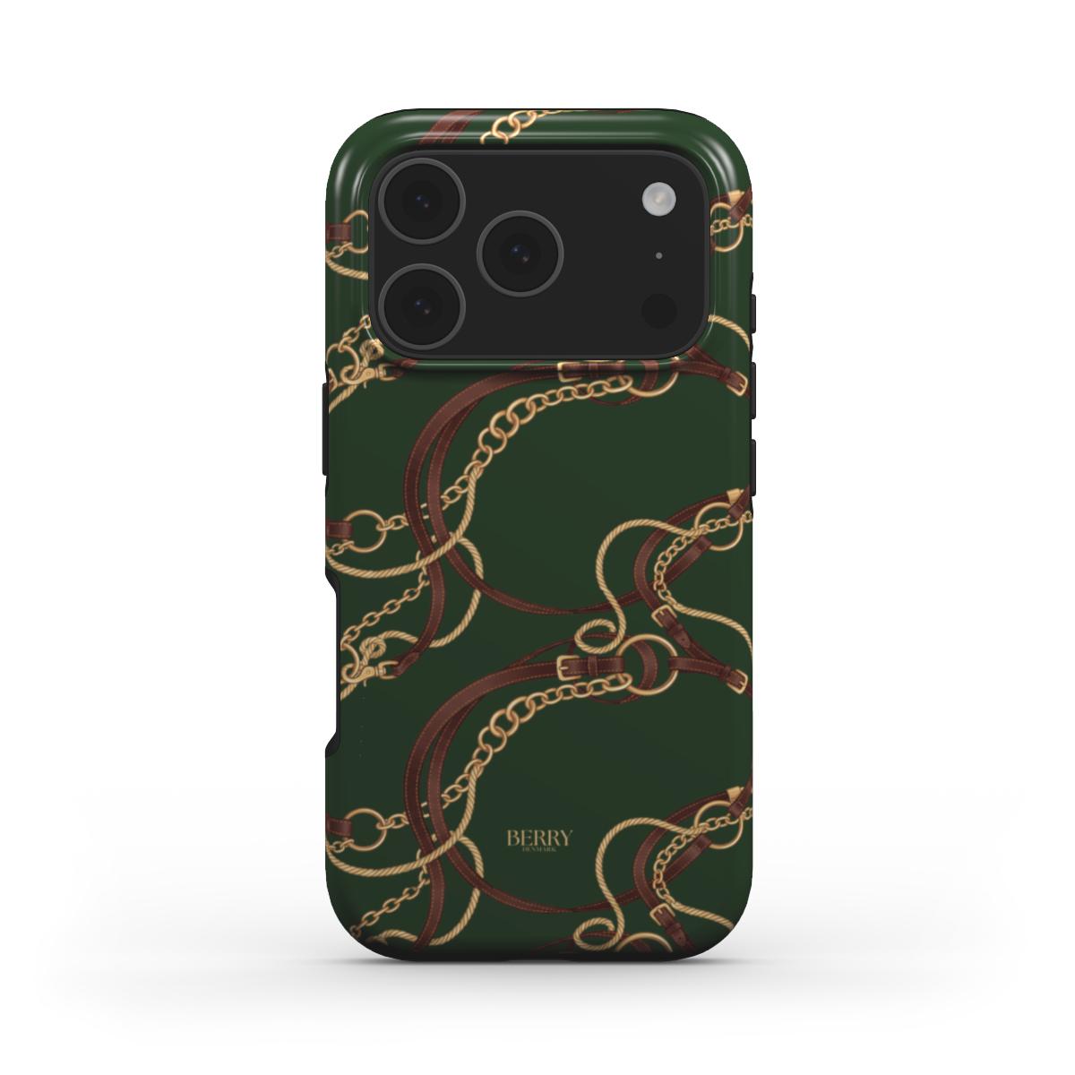 Trendy phone case with multicolored gold, brown, beige, and green equestrian chain pattern on a deep green background, featuring a stylish feminine aesthetic.
