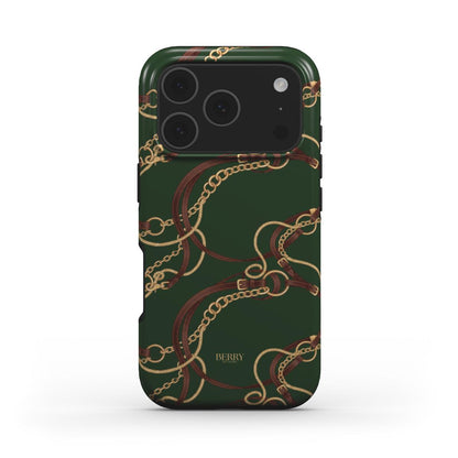 Trendy phone case with multicolored gold, brown, beige, and green equestrian chain pattern on a deep green background, featuring a stylish feminine aesthetic.