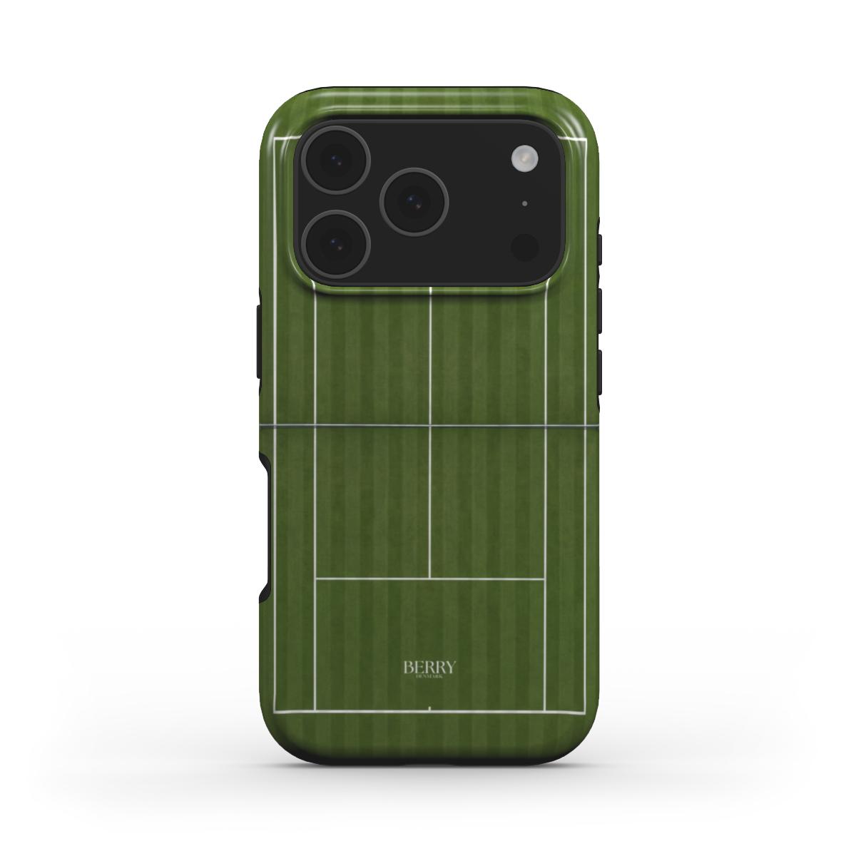 Green phone case with a stylish multi-colored tennis court pattern, combining a trendy and feminine sporty aesthetic with a sleek design.