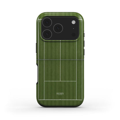 Green phone case with a stylish multi-colored tennis court pattern, combining a trendy and feminine sporty aesthetic with a sleek design.