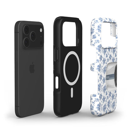 Trendy phone cases featuring a sleek black design and a feminine white, blue floral pattern with multicolor accents, reflecting a stylish, girly aesthetic.