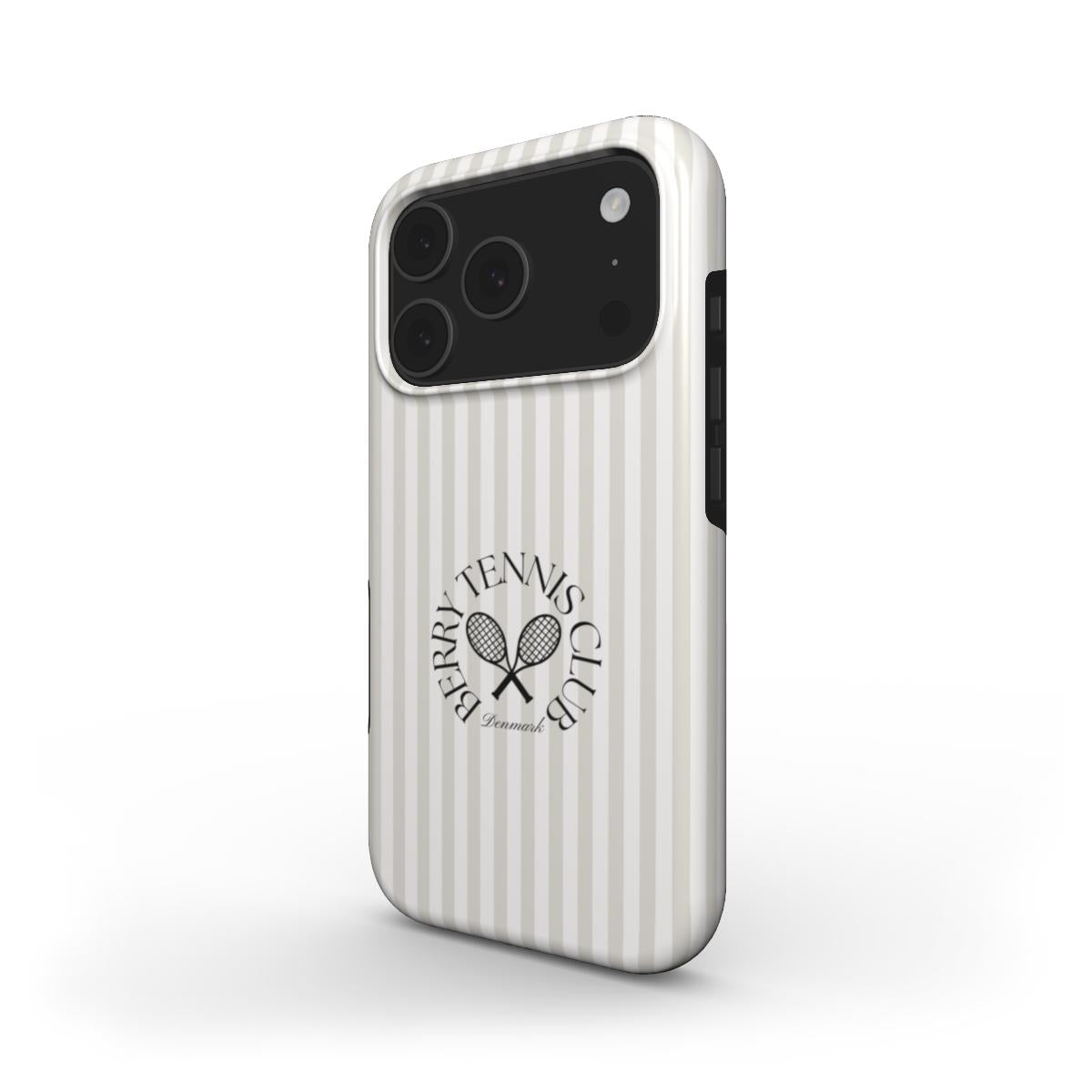 Trendy phone case with white and beige stripes featuring a feminine, elegant tennis club logo for a chic and popular style accessory.