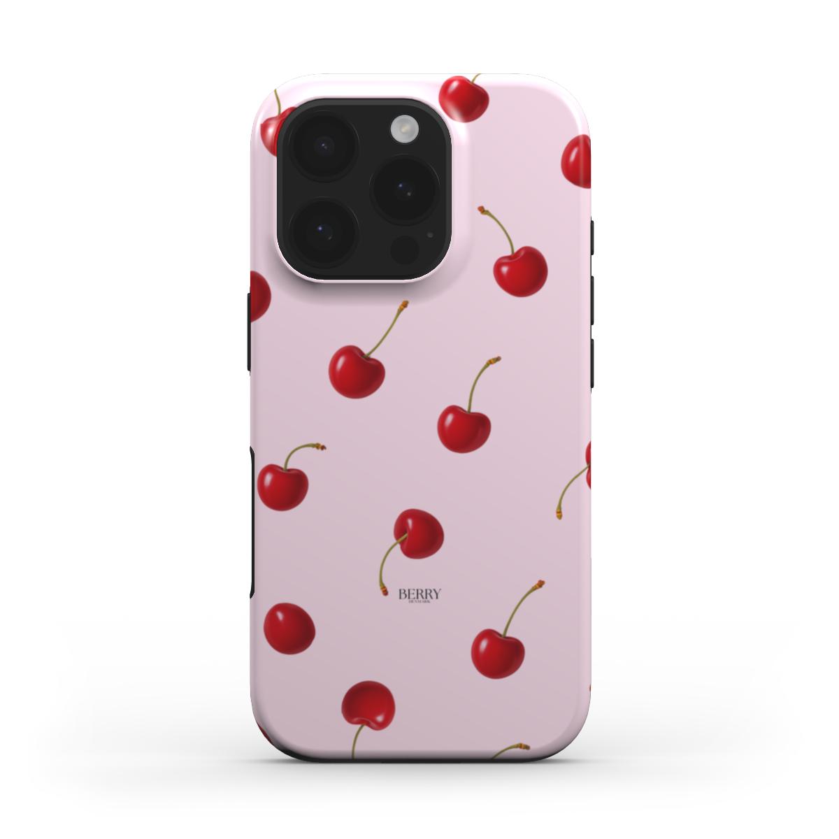 Trendy pink phone case with a playful cherry pattern, featuring a girly and feminine design perfect for a beautiful, aesthetic look.