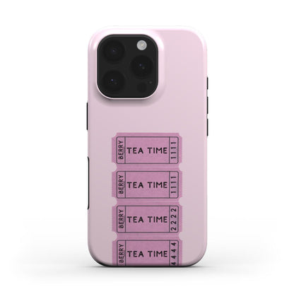 Pink phone case with a feminine and trendy design featuring four vintage-style tea ticket prints in beige, white, and multicolor tones.