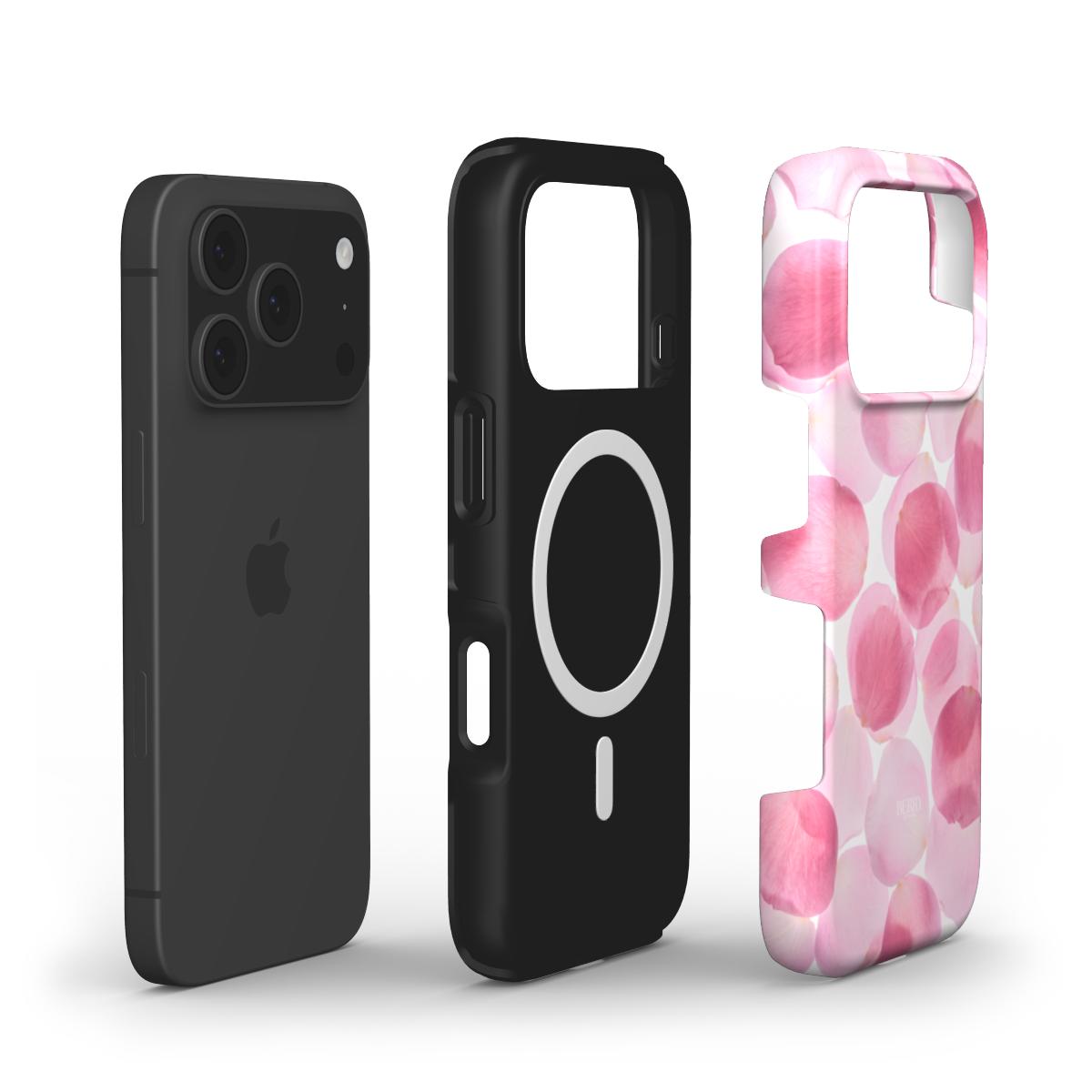 Trendy phone cases featuring a sleek black design and a feminine flerfarvet pattern with white, red, and pink hues for an aesthetic, girly look.