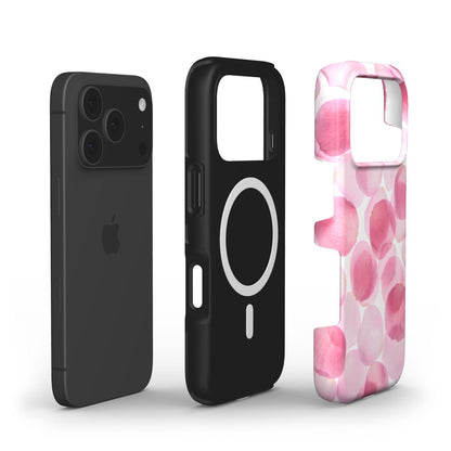 Trendy phone cases featuring a sleek black design and a feminine flerfarvet pattern with white, red, and pink hues for an aesthetic, girly look.