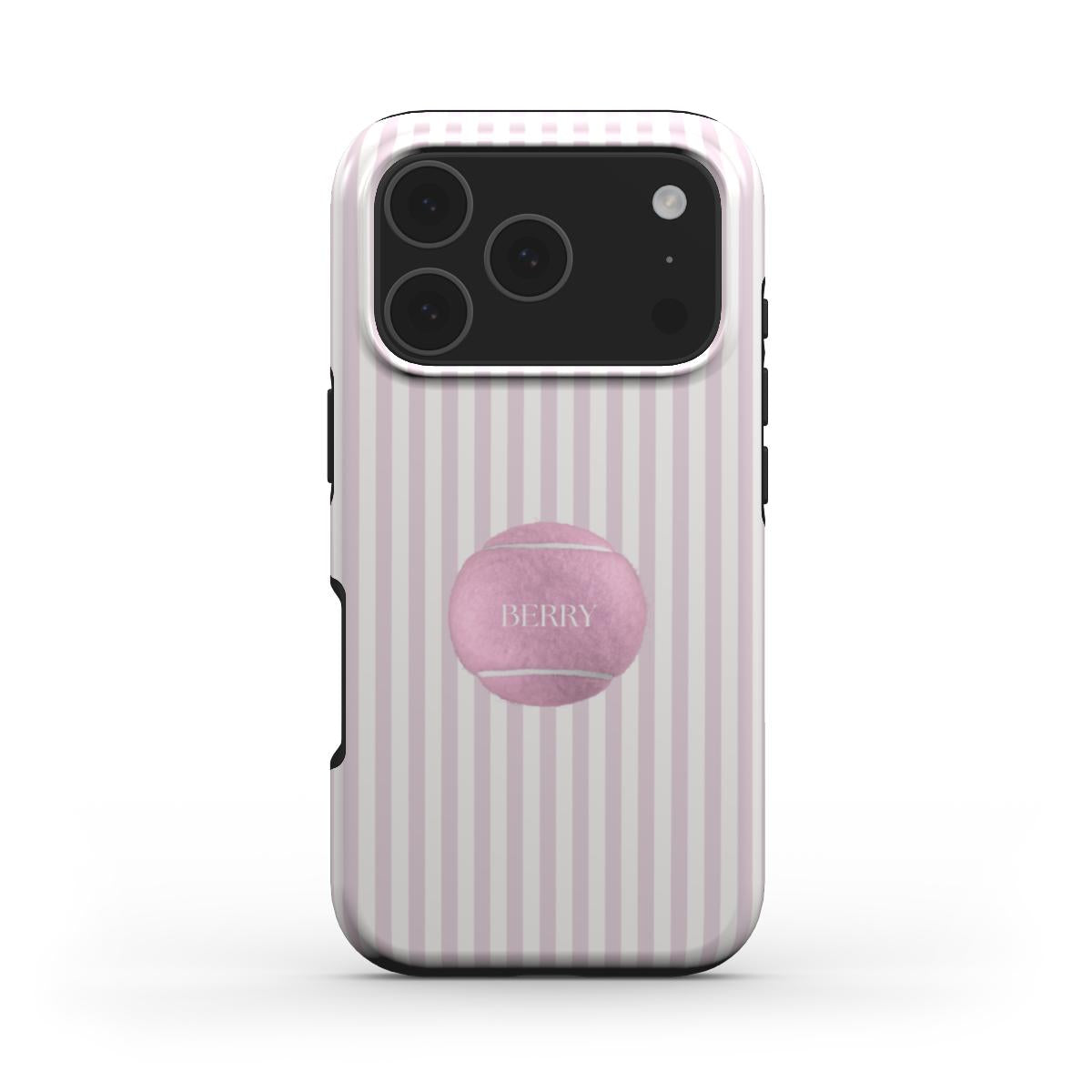 Trendy feminine phone case with pink and white stripes, featuring a stylish pink tennis ball design for a popular girly aesthetic.