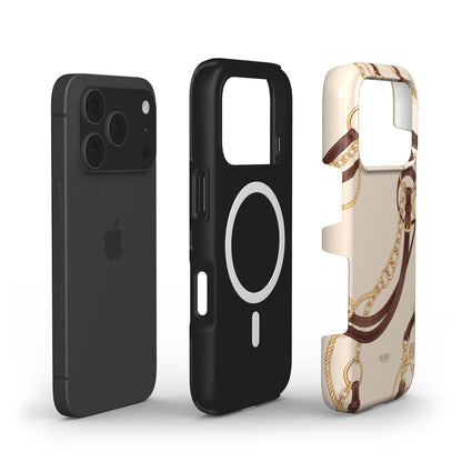 Trendy phone case with a feminine, multicolored design featuring gold, brown, and beige equestrian-inspired patterns for a stylish, beautiful look.