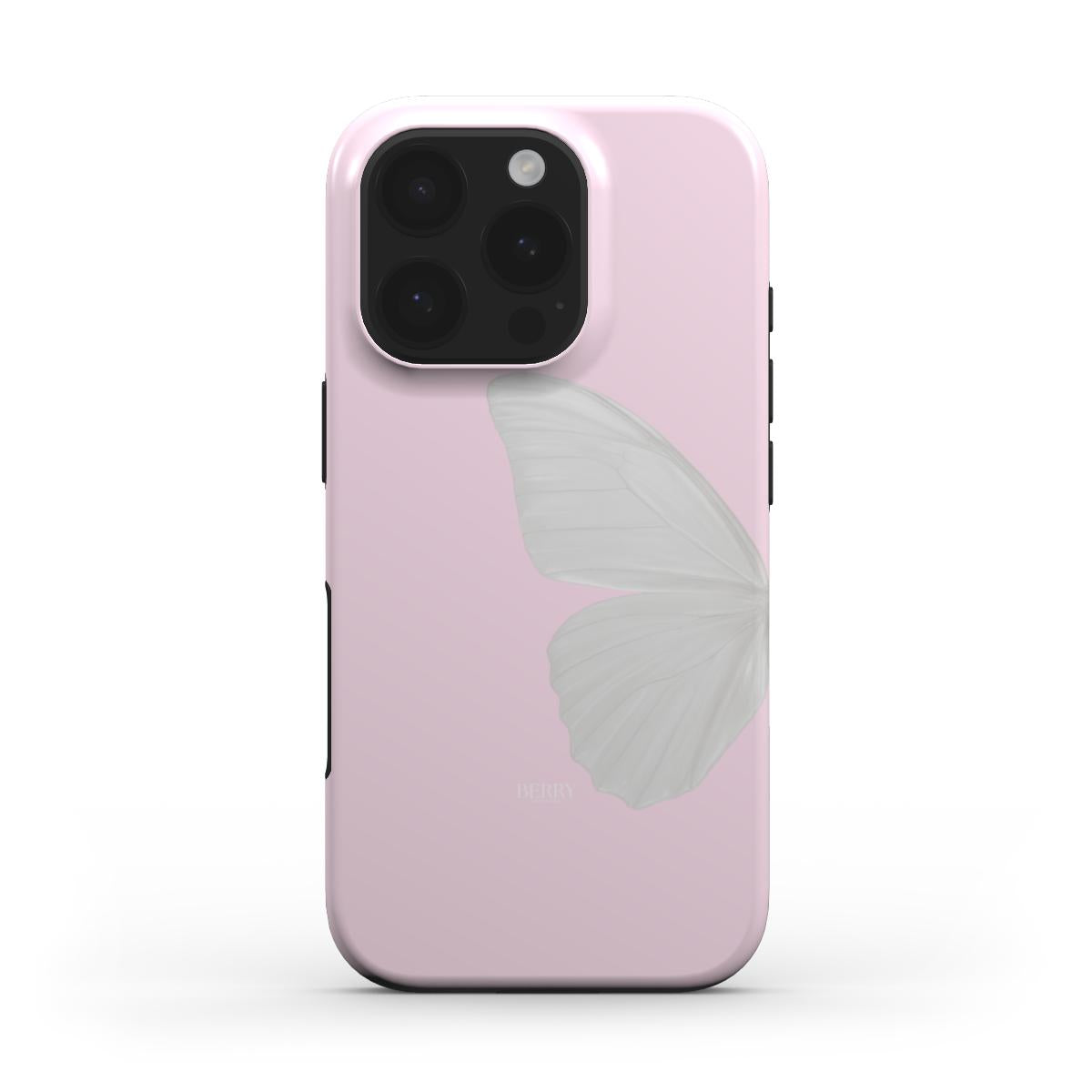 Trendy pink phone case with a delicate white butterfly wing design, blending feminine charm with a sleek, modern aesthetic.