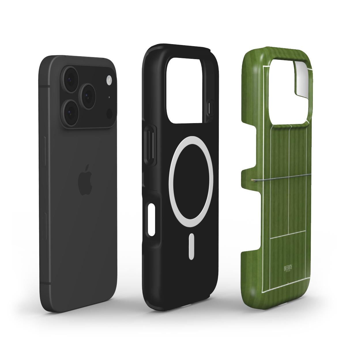 Three-layer phone case with a sleek black middle layer and a green flerfarvet pattern outer shell, designed for formal play with a trendy feminine touch.