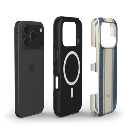 Three phone accessories including a sleek black MagSafe-compatible case and a beige and blå striped protective cover with a trendy aesthetic design.