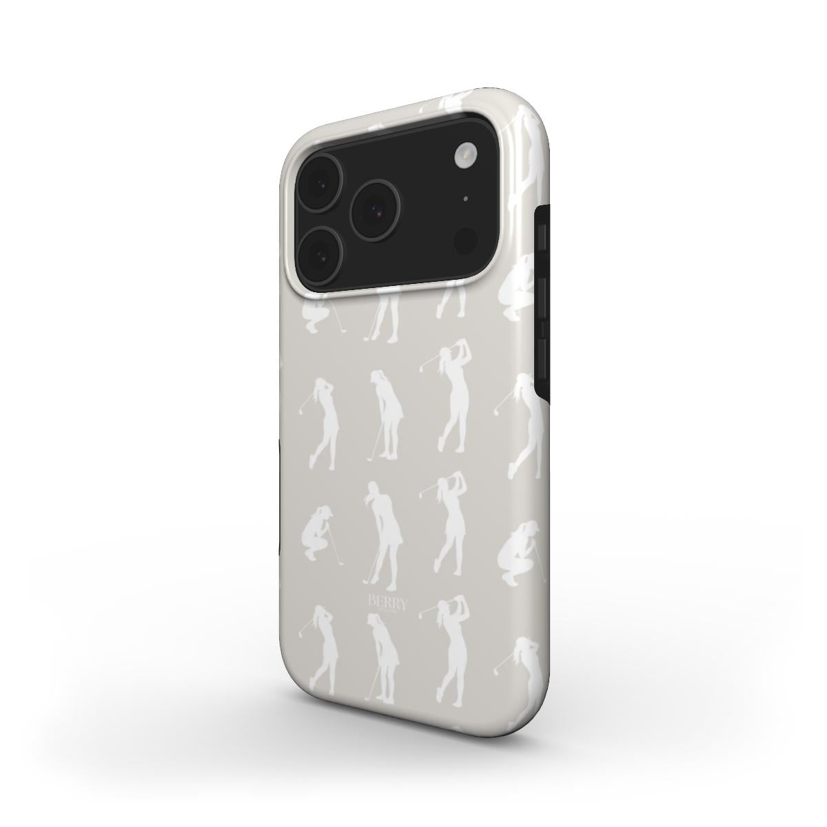 Beige phone case with white golf swing silhouettes, featuring a stylish and feminine design perfect for a trendy and elegant look.