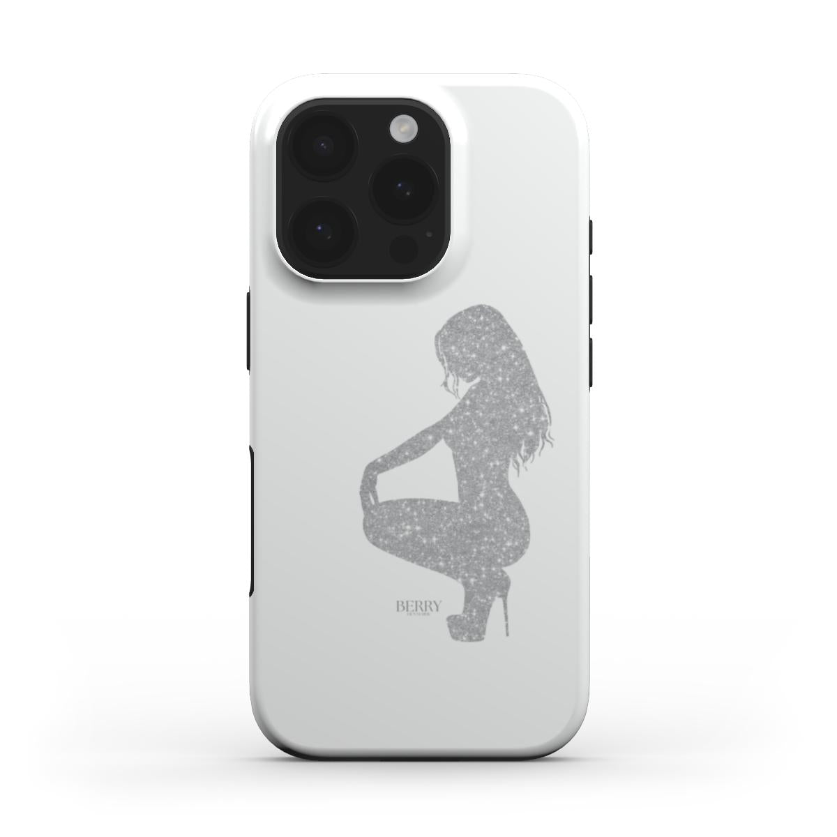 White phone case with a silver glitter silhouette of a feminine figure in a trendy, stylish pose, featuring a sleek, popular aesthetic design.