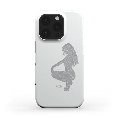 White phone case with a silver glitter silhouette of a feminine figure in a trendy, stylish pose, featuring a sleek, popular aesthetic design.