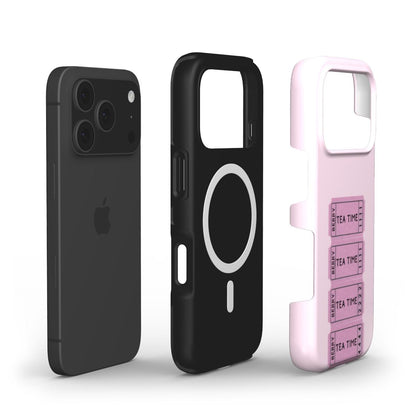 Three phone cases displayed side by side with a stylish pink case featuring tea ticket pattern evoking a trendy, feminine, and beautiful vibe.