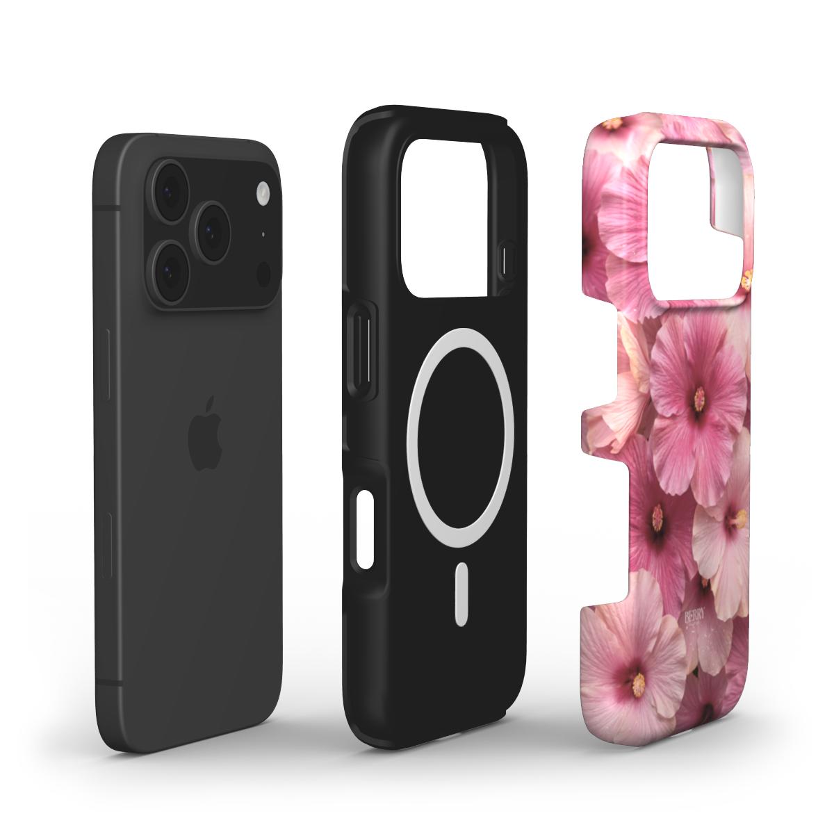 Trendy phone case with pink and red multicolor floral pattern, offering a feminine and beautiful design with a modern girly aesthetic.